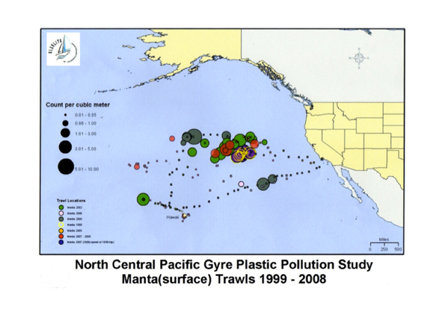 Mapa de contaminación ambiental: Estudio sobre contaminación de plástico en el Pacífico Norte. Ver más en: TARAOCEANS y ALGALITA ORG taraoceans
